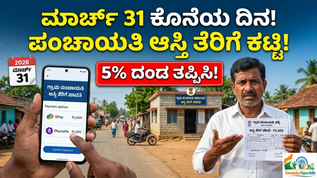 Property Tax Alert Karnataka 2026: ಗ್ರಾಮ ಪಂಚಾಯತ್ ಆಸ್ತಿ ತೆರಿಗೆ 2026 – ಮಾರ್ಚ್ 31ರೊಳಗೆ ಮನೆ & ನೀರಿನ ತೆರಿಗೆ ಕಟ್ಟದಿದ್ದರೆ 5% ದಂಡ ಫಿಕ್ಸ್!