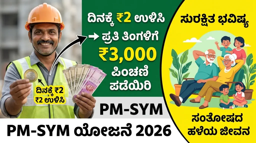 PM-SYM Scheme 2026 Karnataka: ಈ ಯೋಜನೆಗೆ ಅರ್ಜಿ ಸಲ್ಲಿಸಿ! ದಿನಕ್ಕೆ ₹2 ಉಳಿಸಿ ಪ್ರತಿ ತಿಂಗಳಿಗೆ ₹3,000 ಪಿಂಚಣಿ ಹಣ ಪಡೆಯಿರಿ | ಇಲ್ಲಿದೆ ಸಂಪೂರ್ಣ ಮಾಹಿತಿ Free